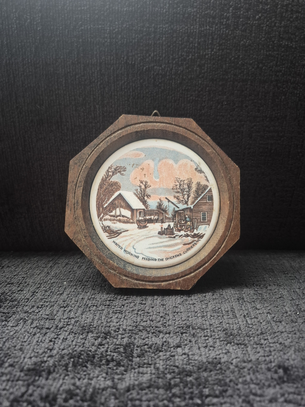 Currier & Ives Tile in Wood Plaque 4.5 In Winter Morning Feeding The Chickens